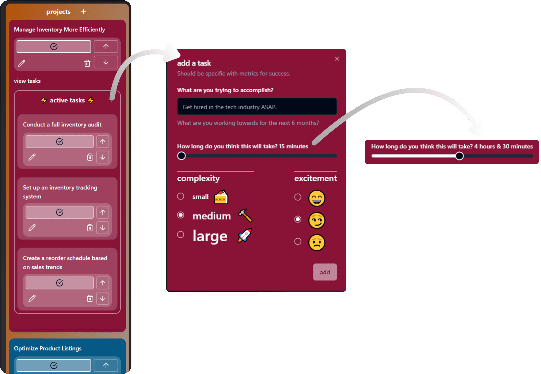 Diagram with screen grabs showing the task creation form and the time estimate slider.