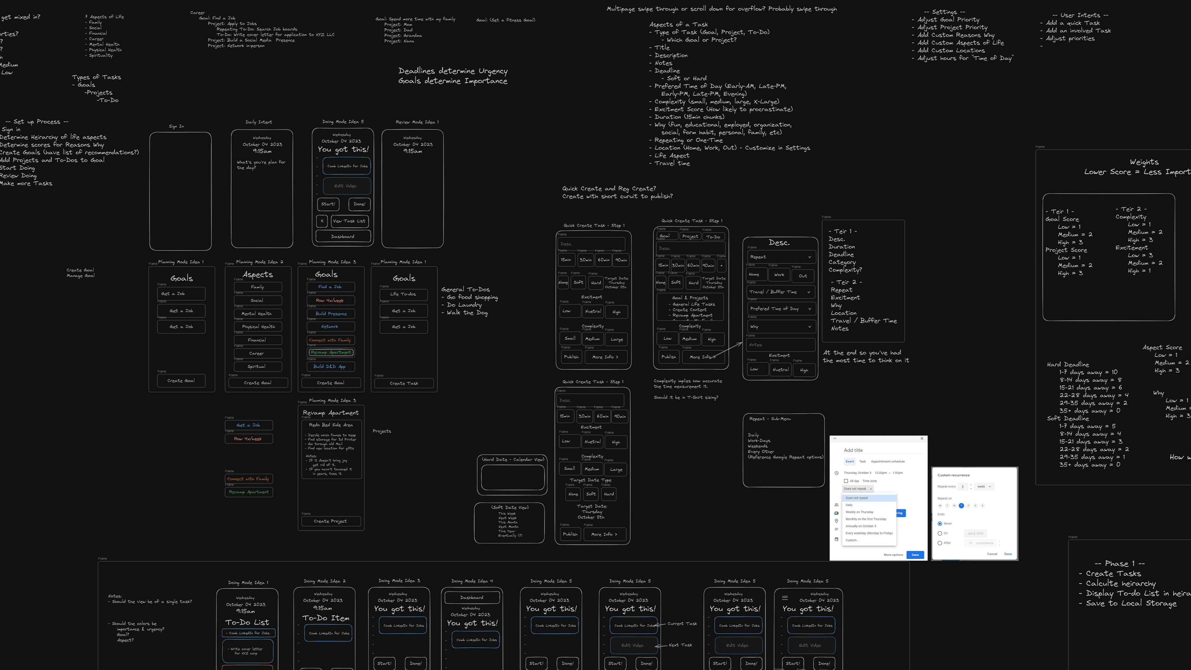 Screen grab of wireframing diagrams using Excalidraw in dark mode.